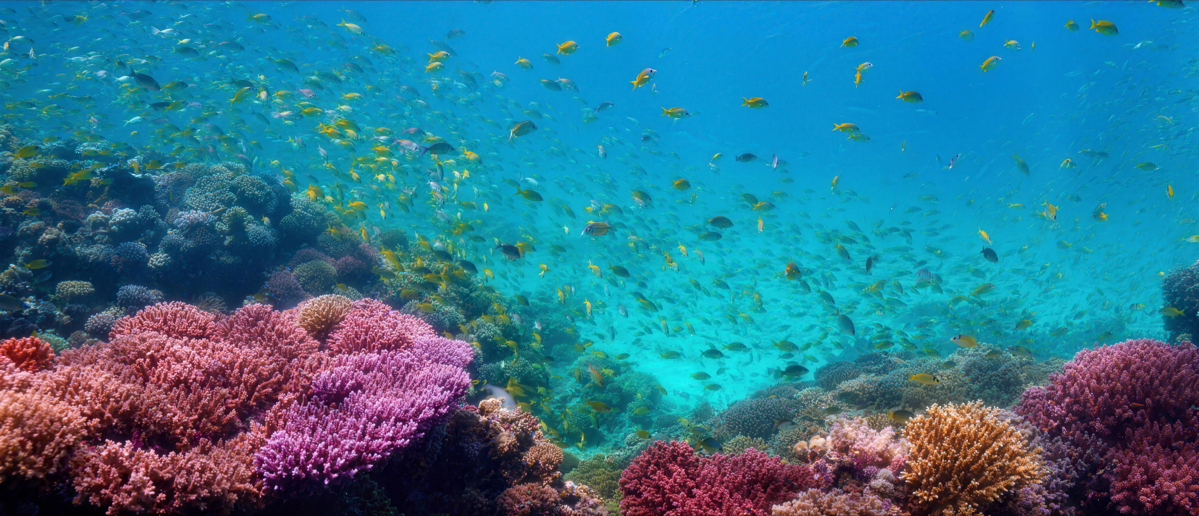 A vivid coral reef with schools of fish streaming through sunbeams