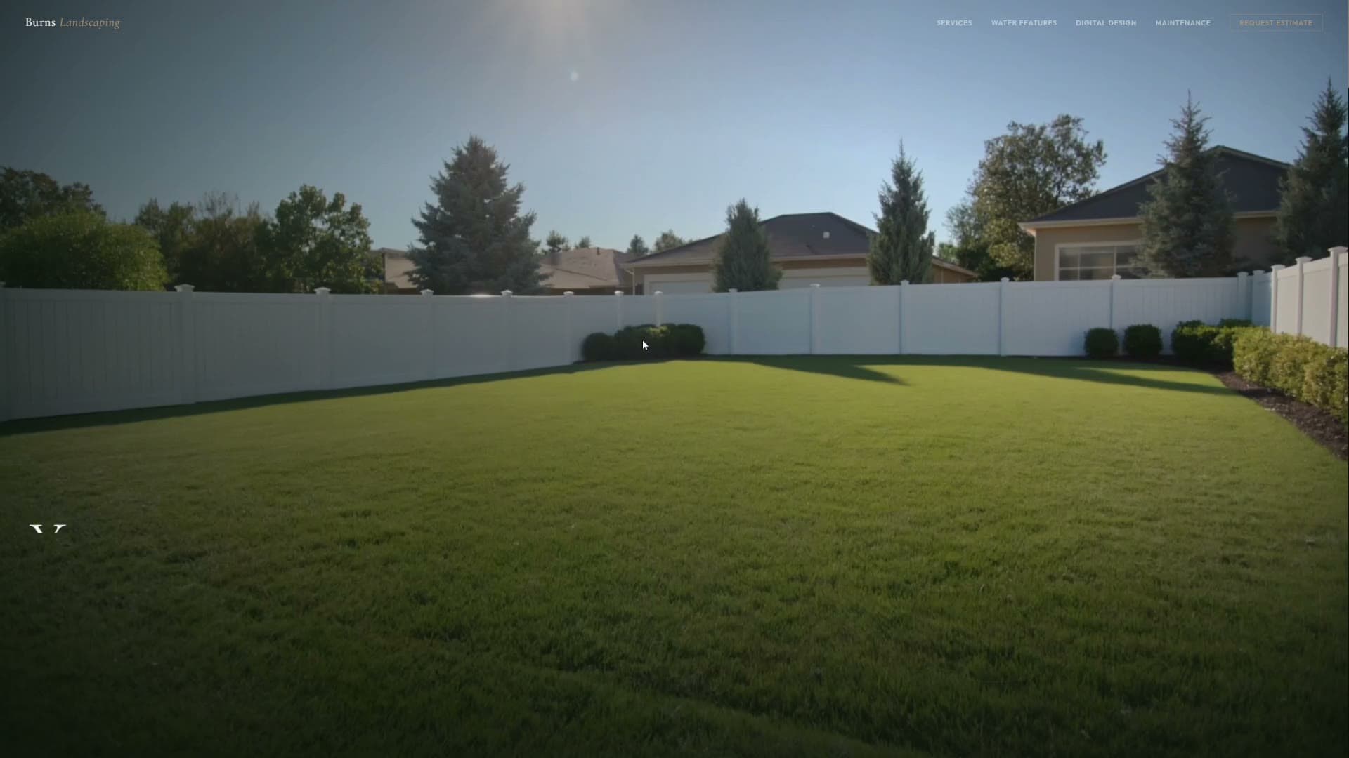 Burns Landscaping website, a manicured lawn in morning sun