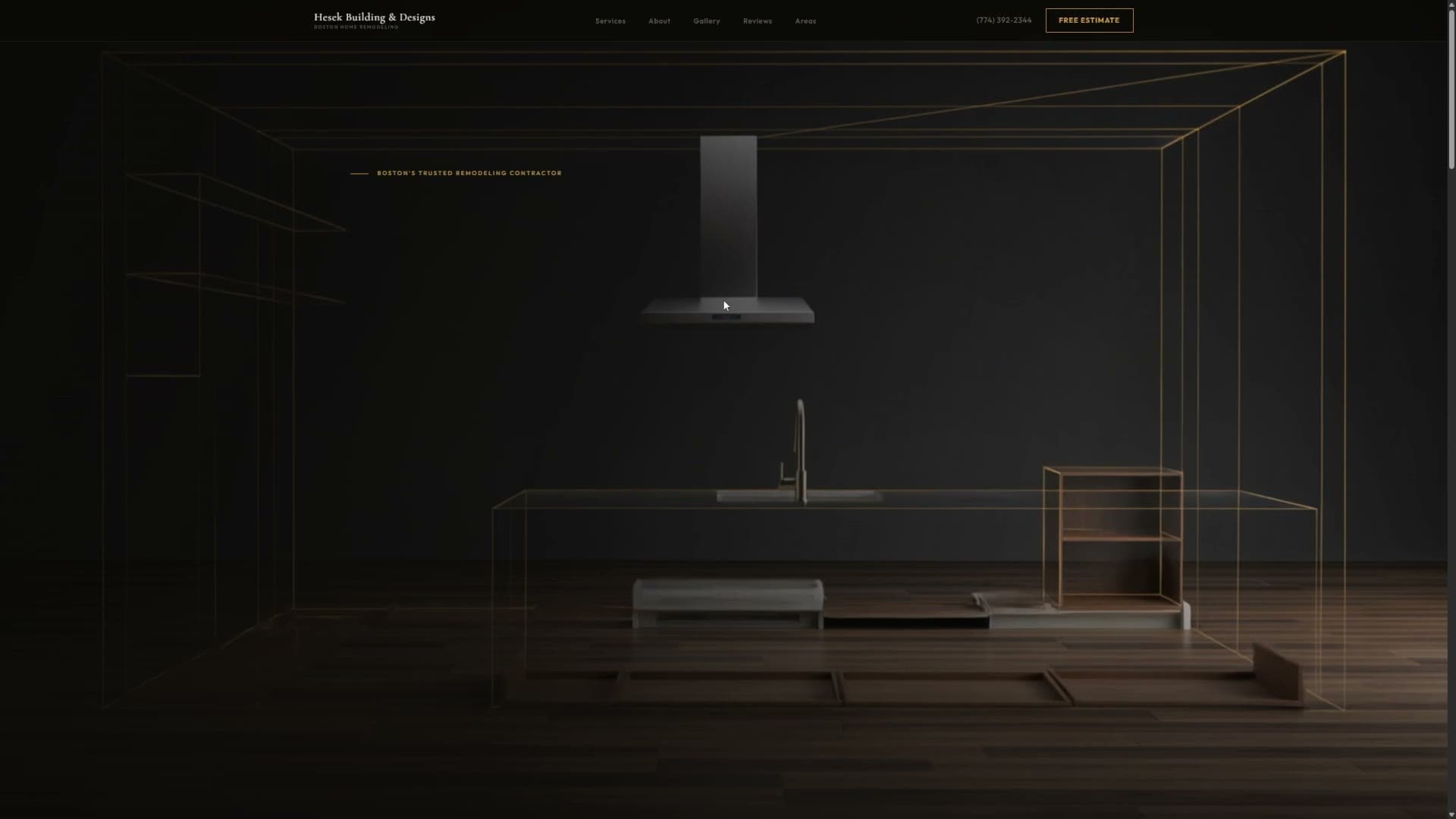 Hesek Building website, a kitchen assembling itself from wireframe