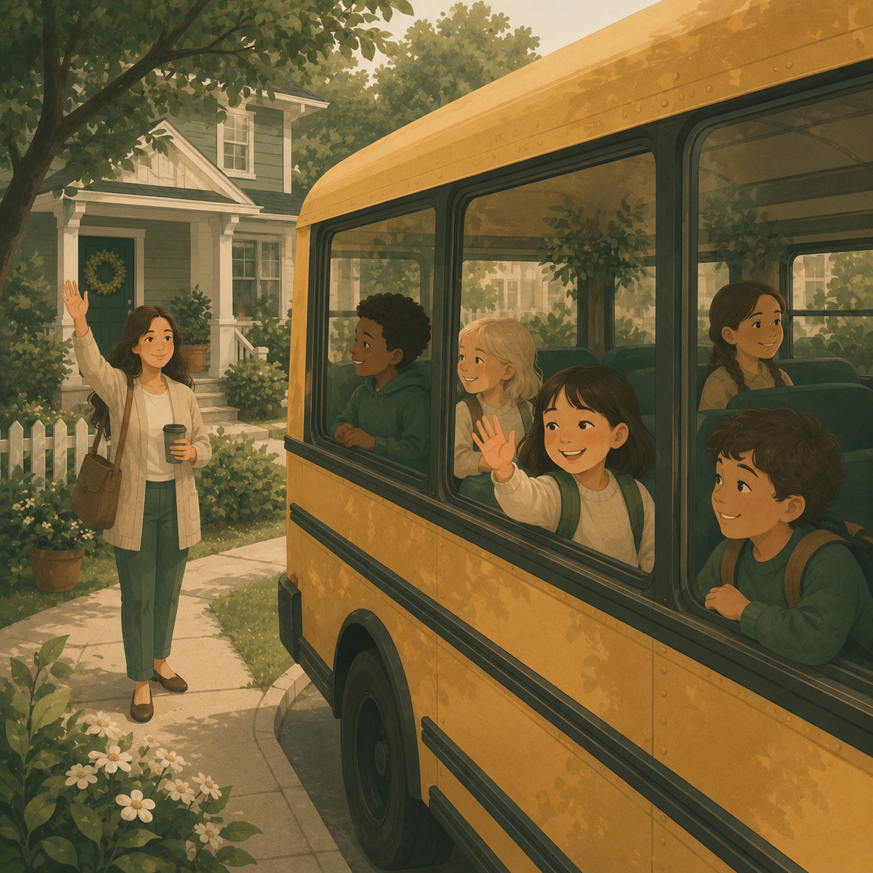 Mom waving at school bus, coffee in hand