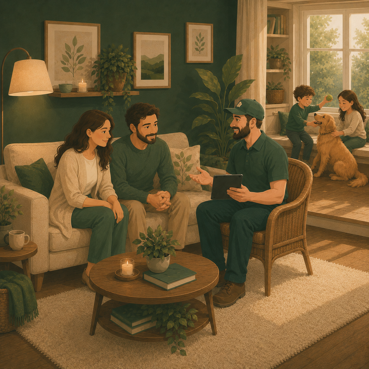 Service tech consulting with couple in their living room
