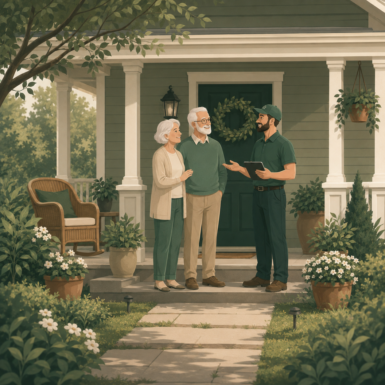 Elderly couple on their porch talking with a service provider