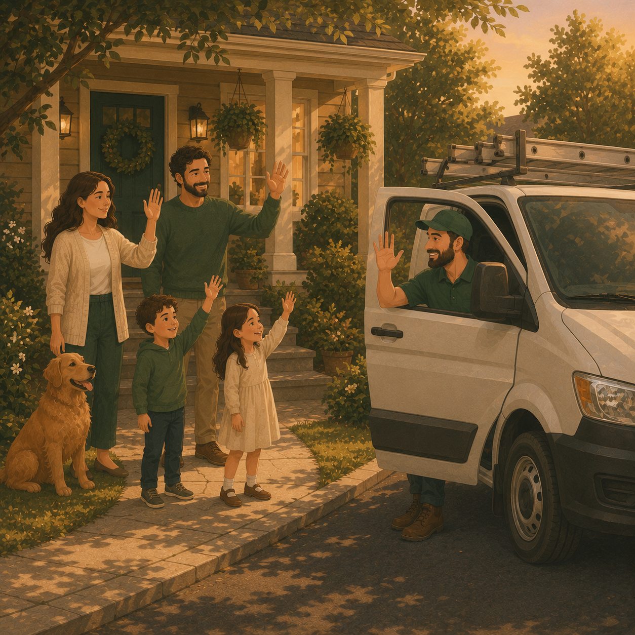 Family waving goodbye to service tech driving away at golden hour