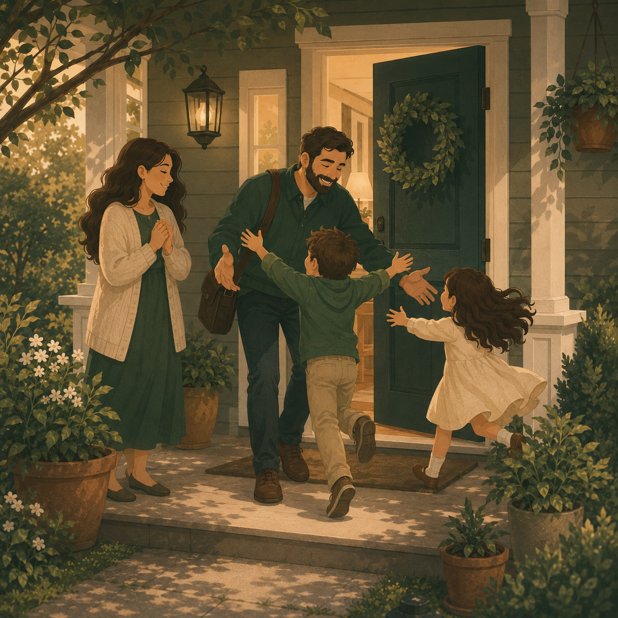 Dad arriving home to children running to greet him