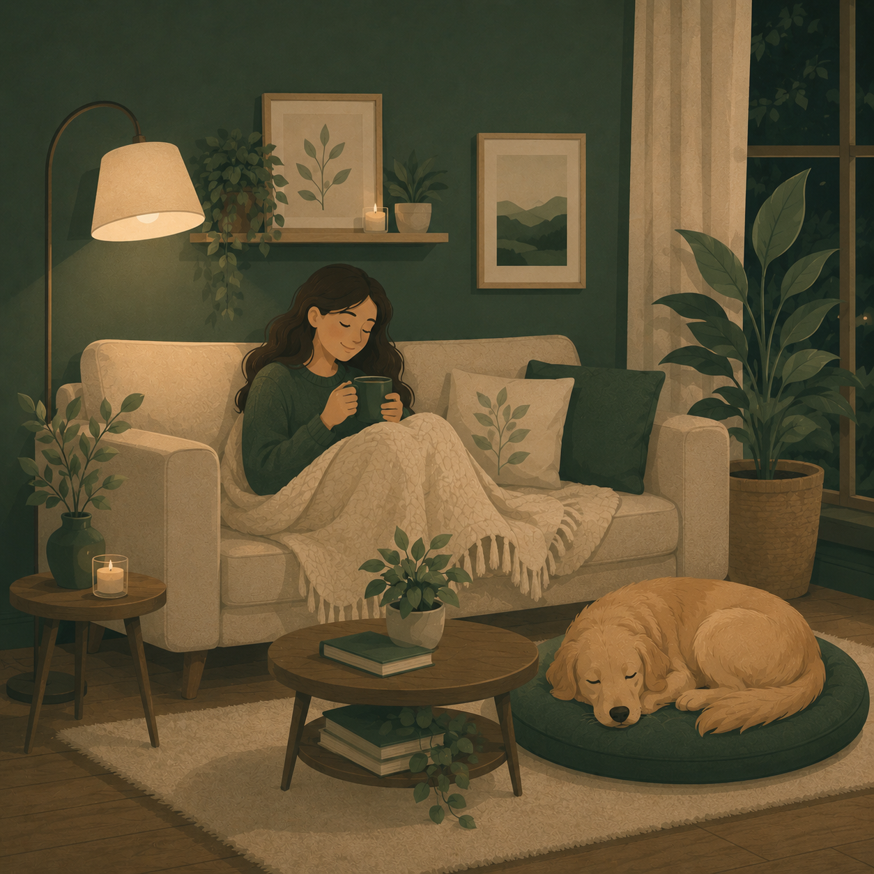 Woman relaxing on the couch with her sleeping golden retriever