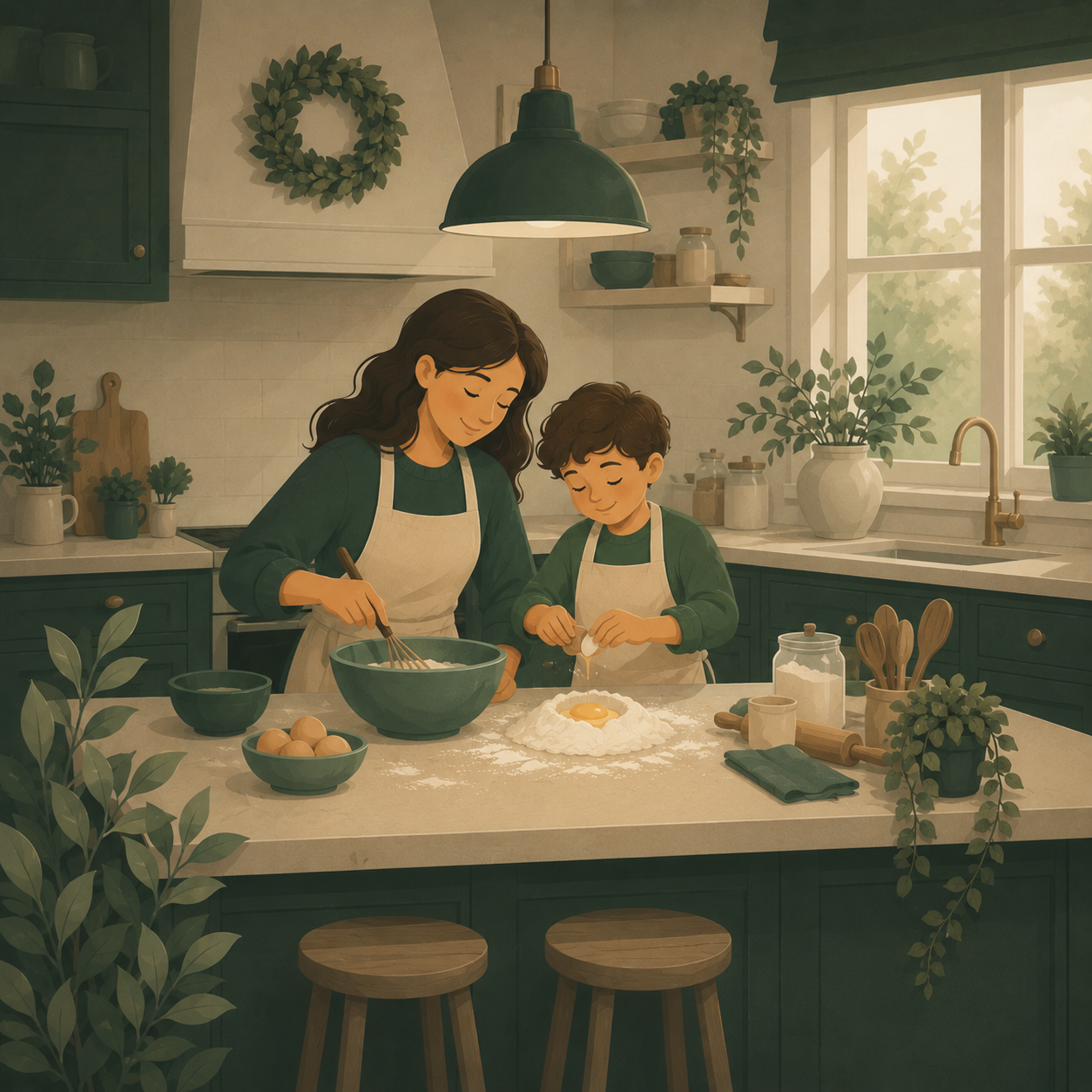 Mother and son baking together in a warm green kitchen